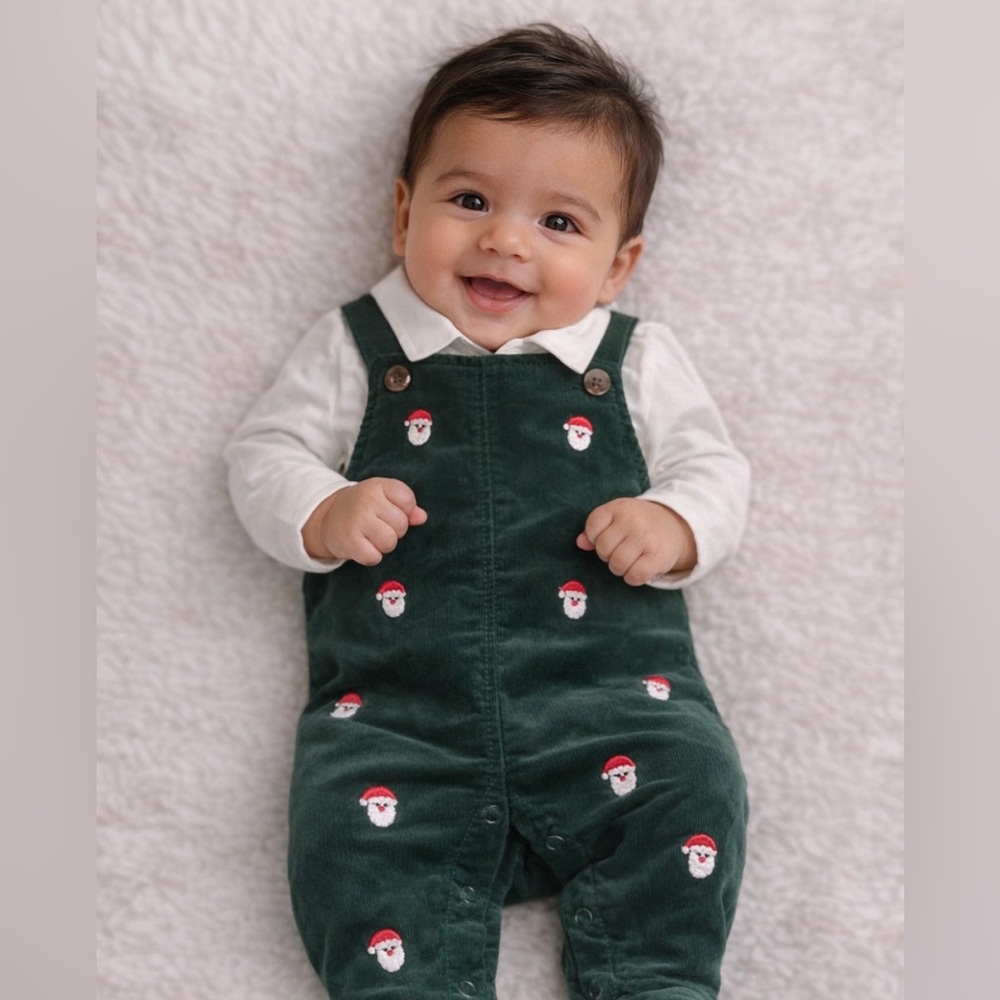 NWT!Green Santa Embroidered Kids Overalls